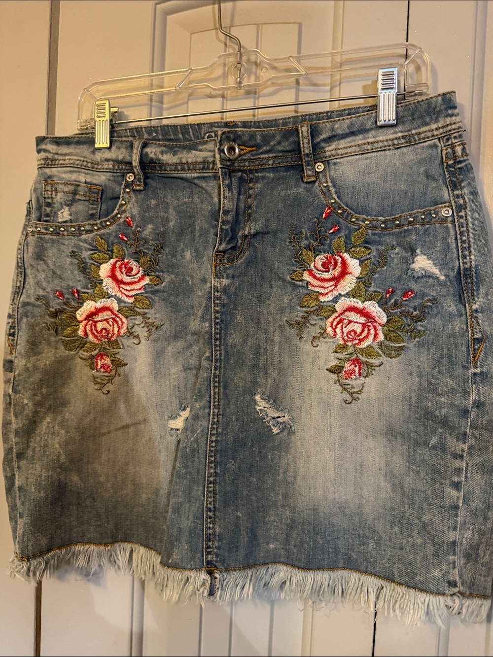 Grace Denim Mini Skirt with Pink Rose Embroidery